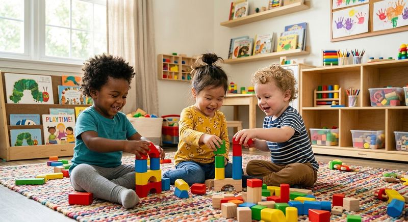Toddlers playing with colorful blocks